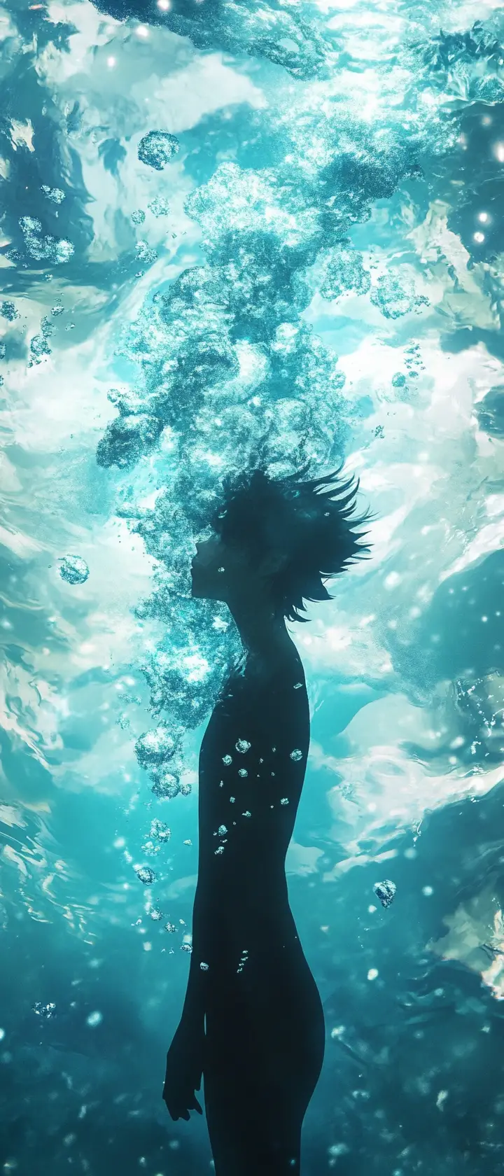 Anime figure floating underwater in layered teal light