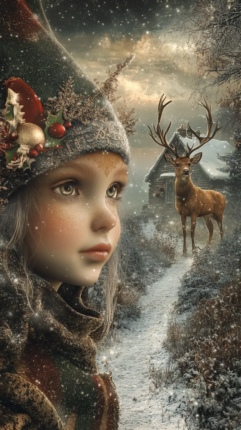Christmas elf and deer fused in a tranquil forest scene