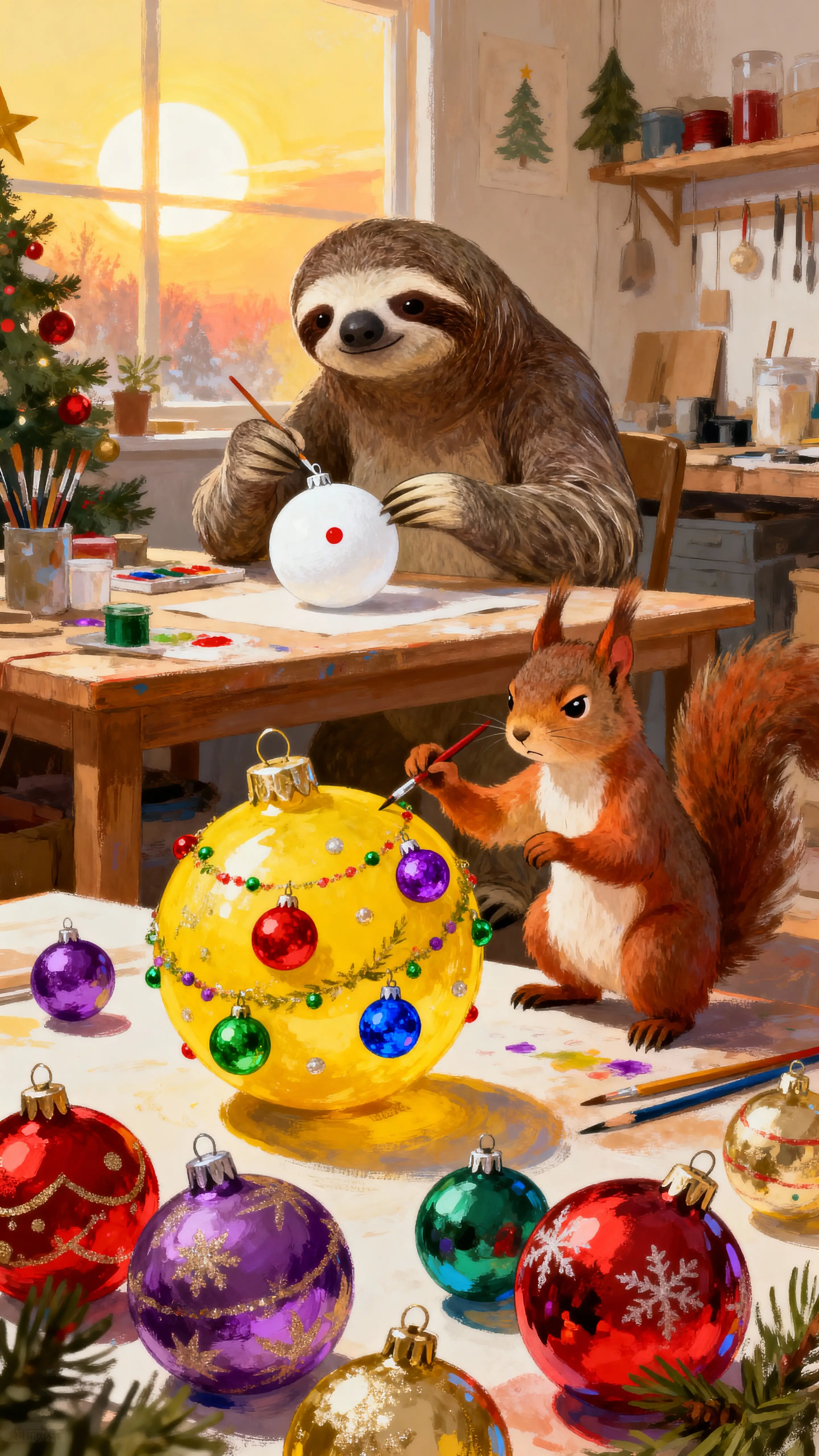 Sloth And Squirrel Painting Christmas Baubles In Workshop