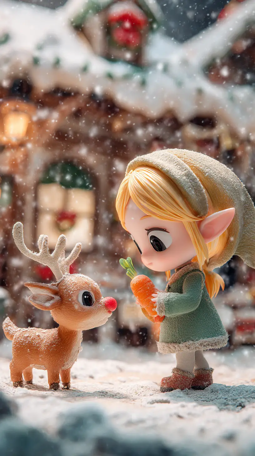 Cute chibi elf girl feeding Rudolph in snowy workshop