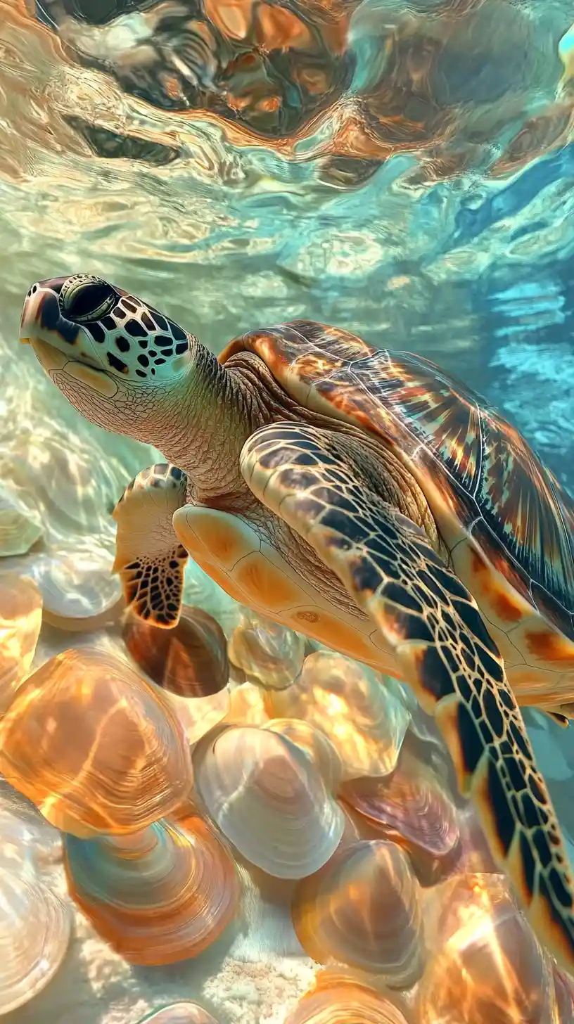 Dynamic turtle swimming through a vibrant field of shells
