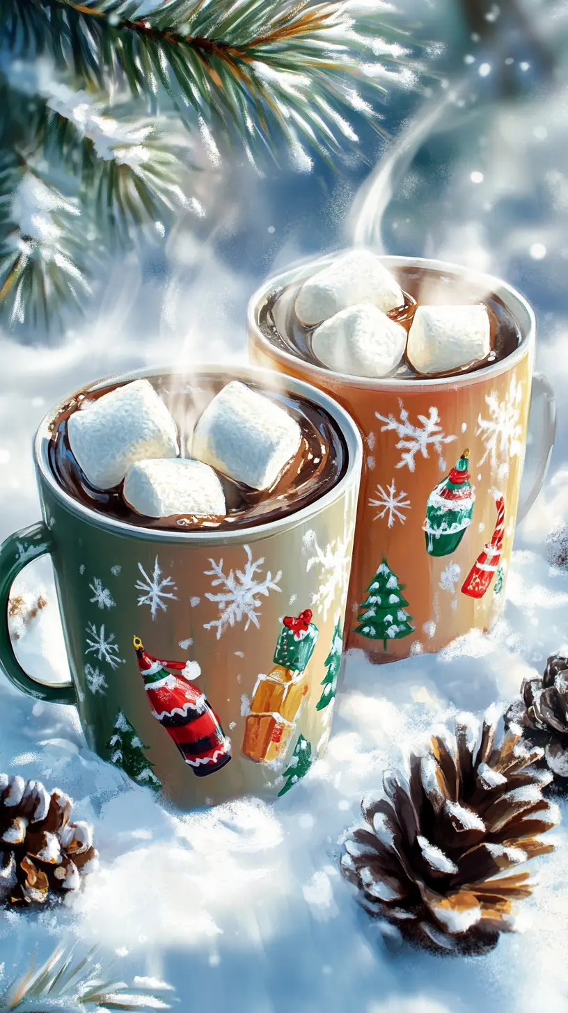 Tazze di cioccolata calda fumante in una scena invernale innevata