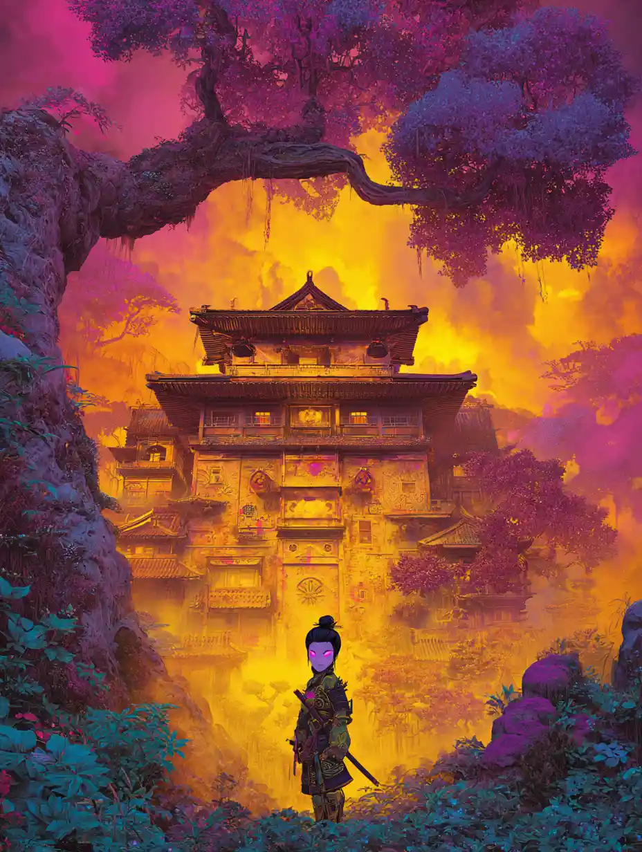Meditating warrior woman before a glowing fantasy pagoda