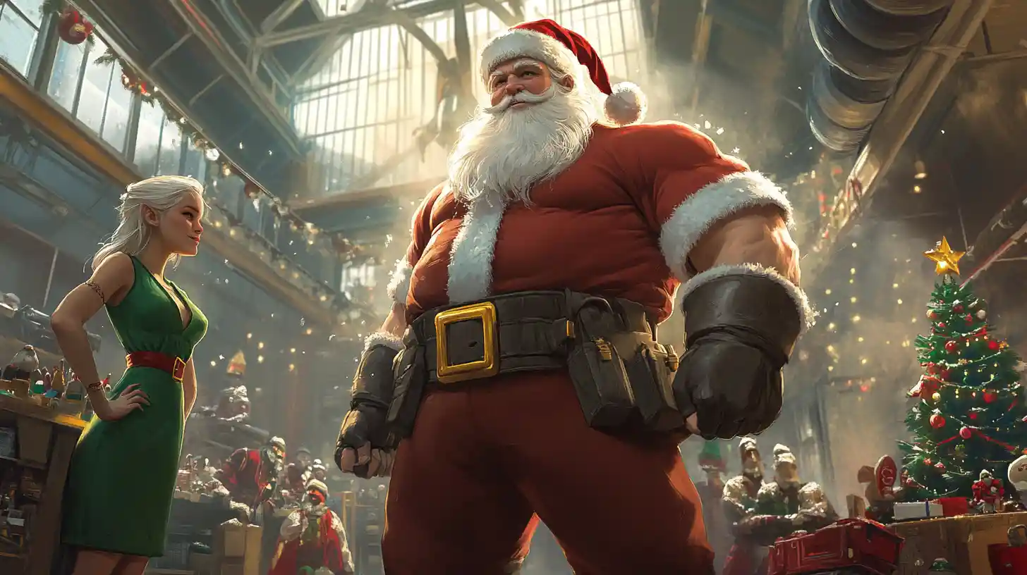 Babbo Natale Supereroe sta sicuro di sé in una vivace fabbrica di giocattoli