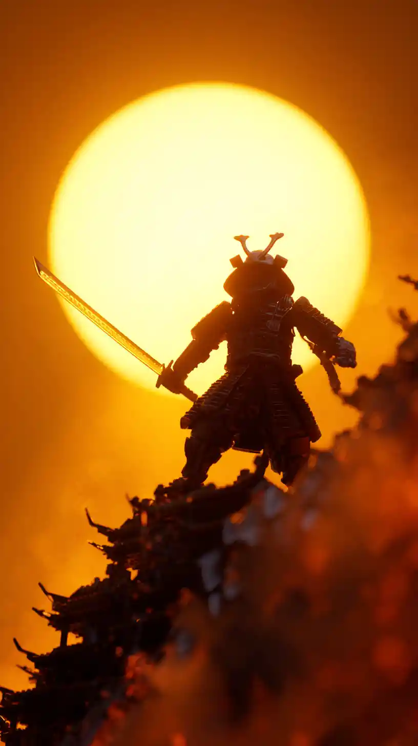 Samurai Warrior Above Burning Castle At Golden Hour