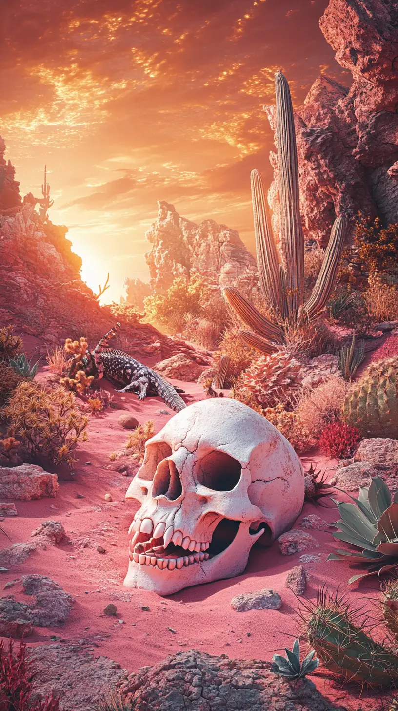 Vampire Skull In Pink Desert At Sunset With Iguana