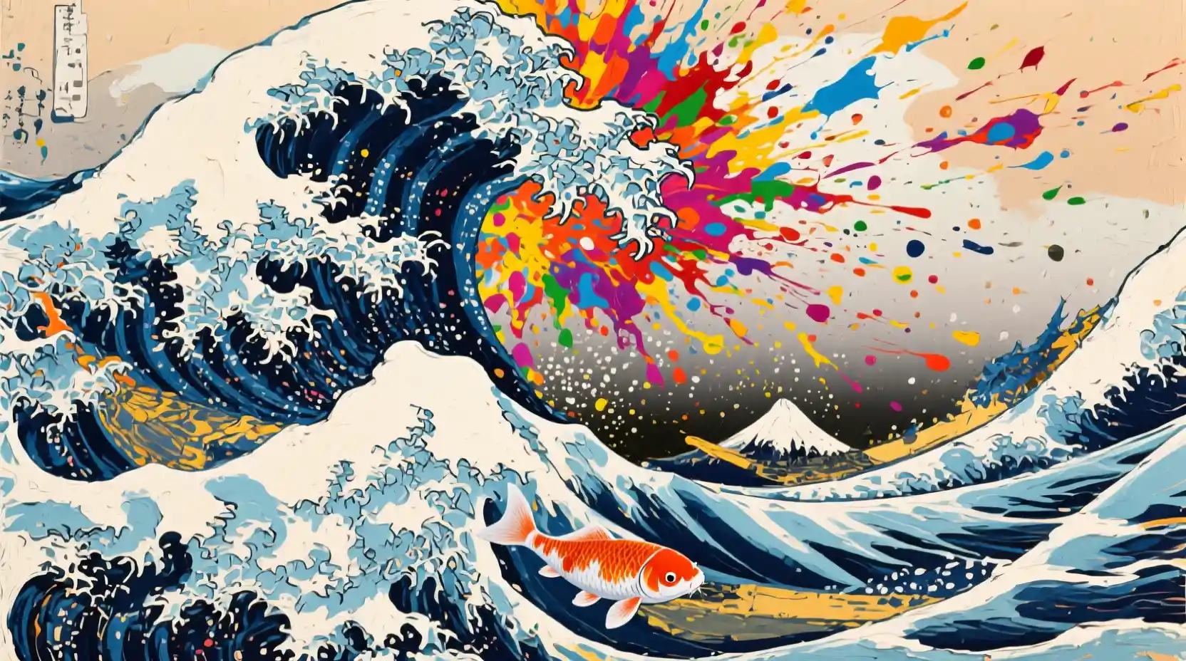 Abstract paint waterfall with a single koi fish