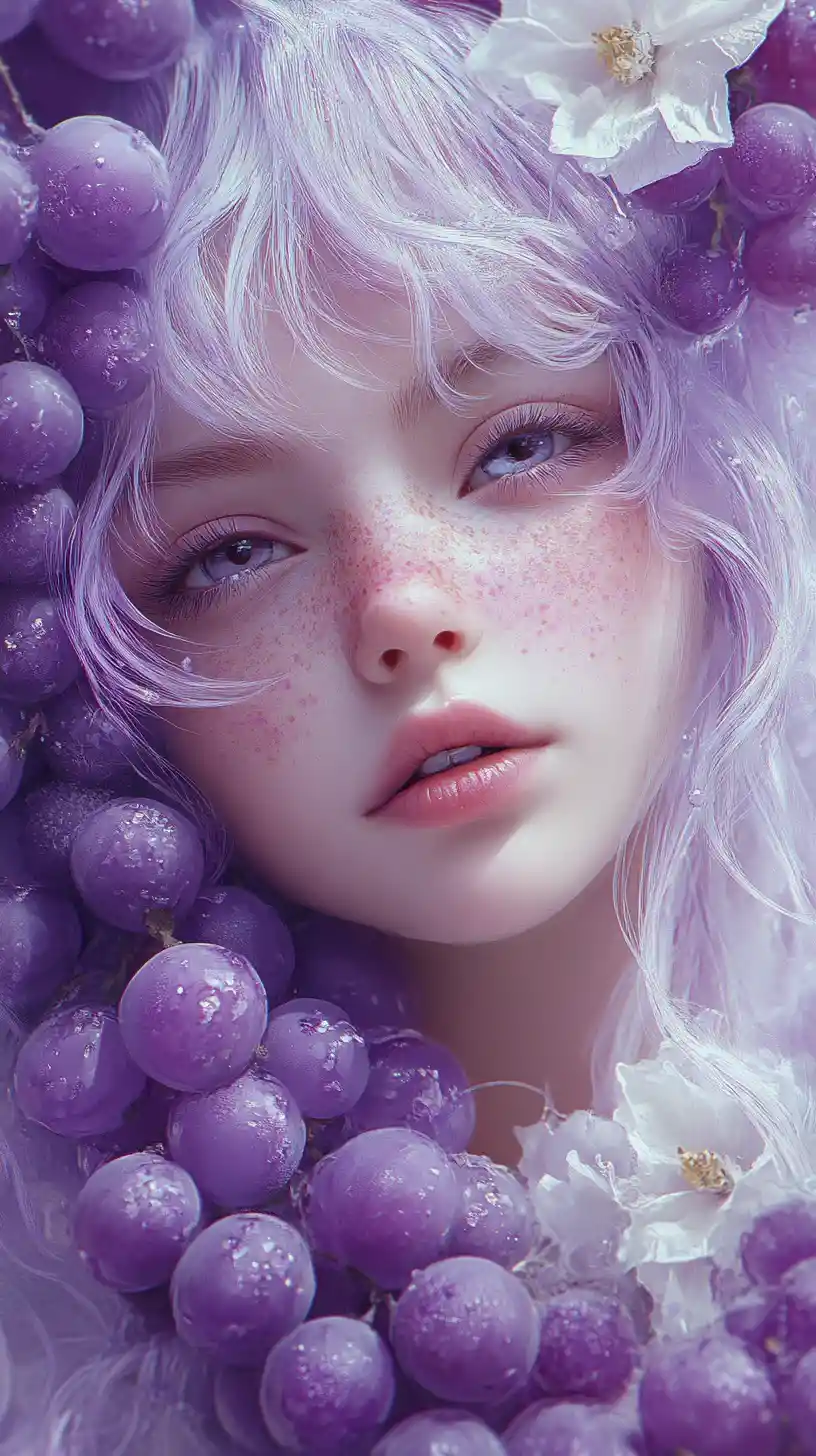 Anime girl in lavender dress with white and purple hair