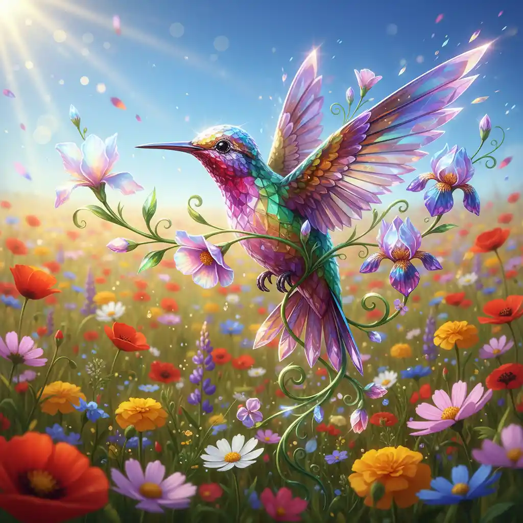 Crystal Hummingbird Hovering Over Sunlit Summer Wildflowers