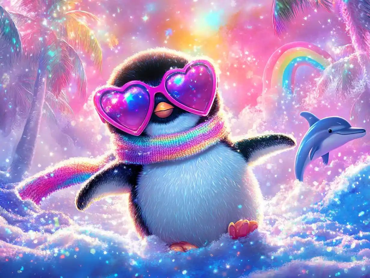 Cute baby penguin with heart sunglasses in candy snow