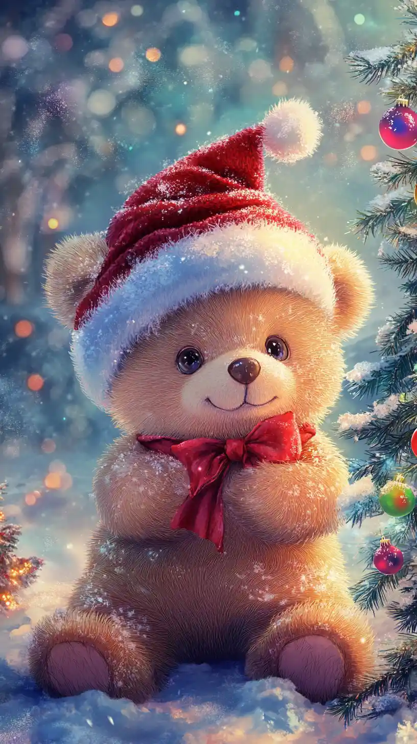 Cute teddy bear by a Christmas tree in snowy forest