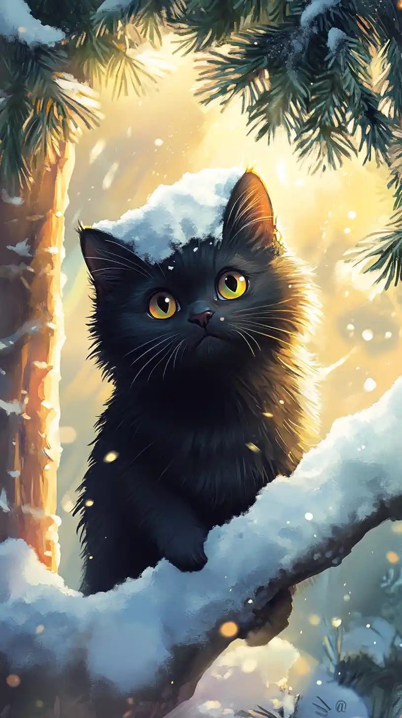 Goofy black cat under snowy fir tree in winter garden