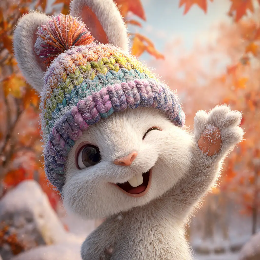 Cute 3d rabbit in knitted hat waving in autumn