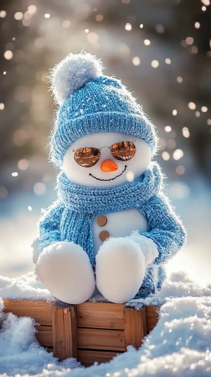 Playful snowman with blue hat on wooden sled in snow