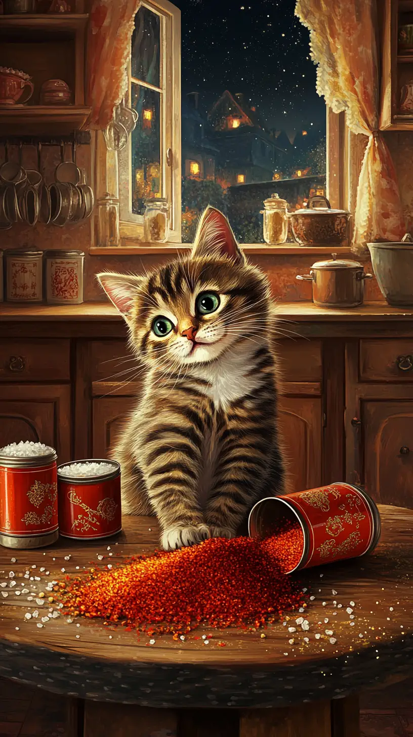 Cute tabby cat on kitchen table spilling paprika