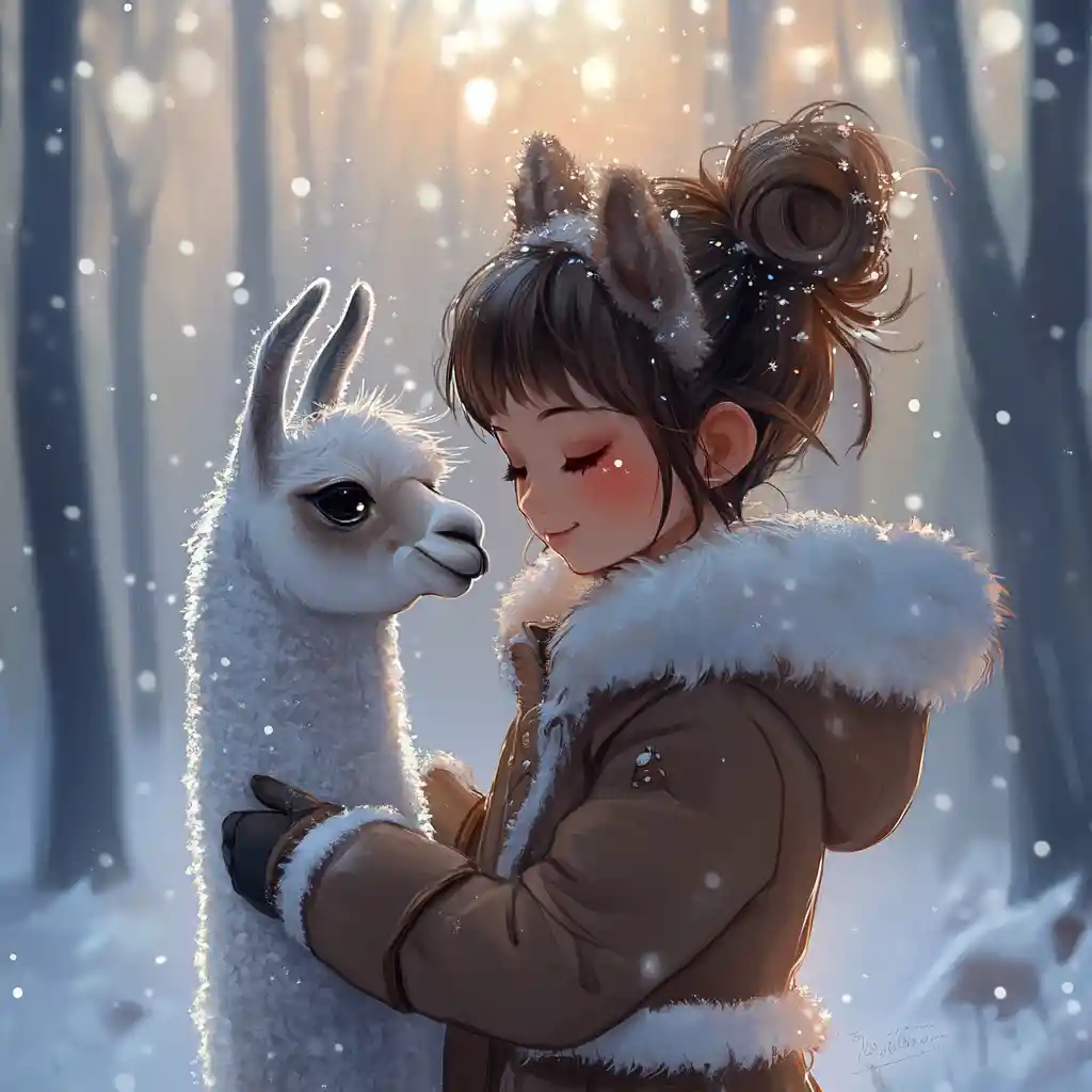 Cute girl cuddling a llama in a fantasy winter forest