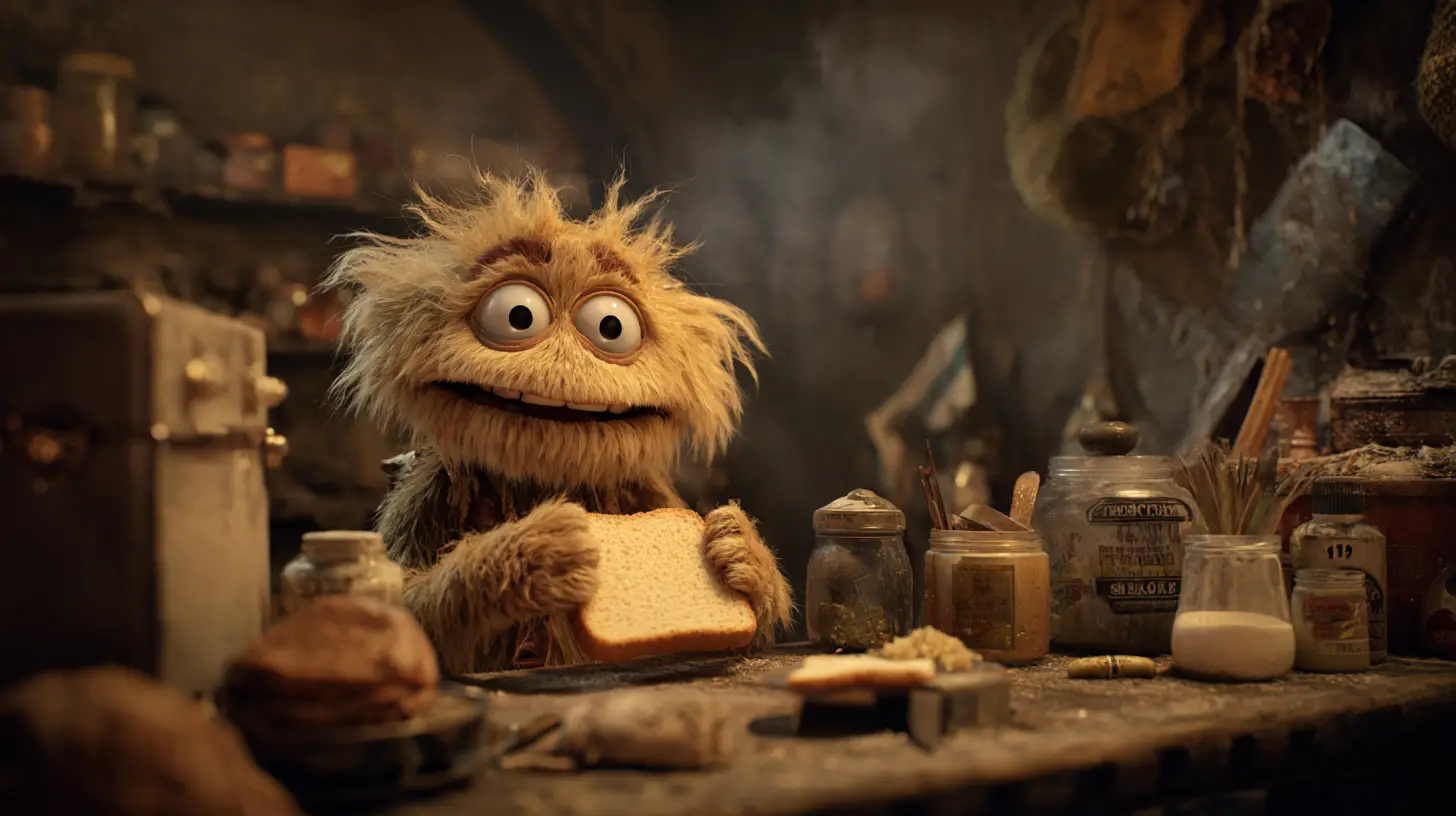 Playful furry cartoon thief stealing bread from table