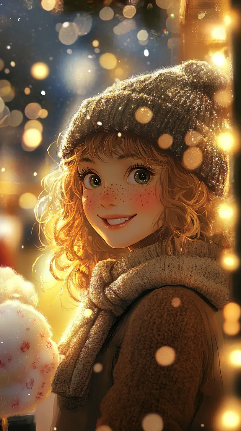 Anime girl at a golden Christmas market stall at dusk