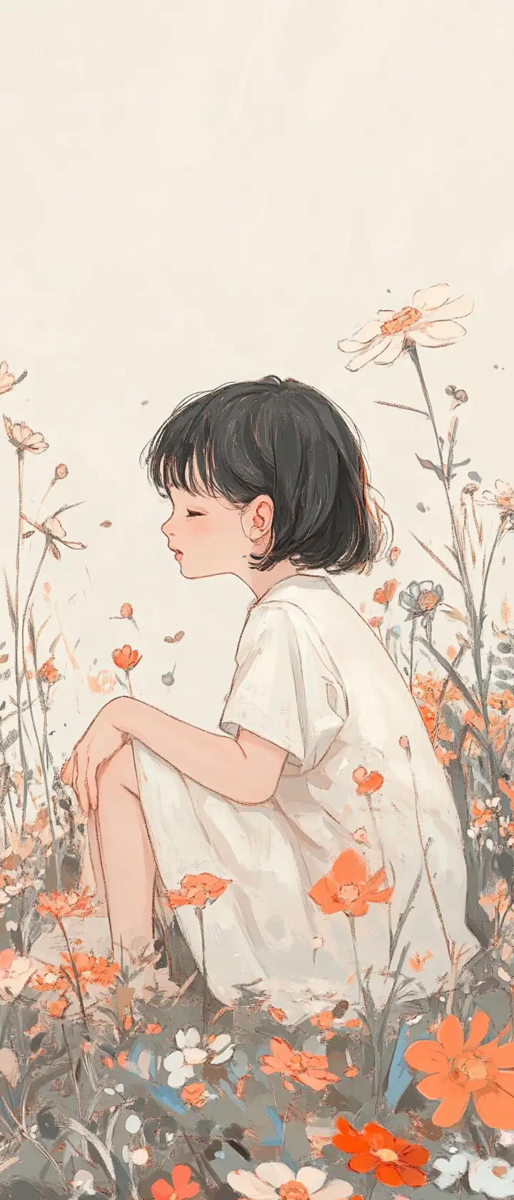 Anime child kneeling in a flower field of giggling blooms