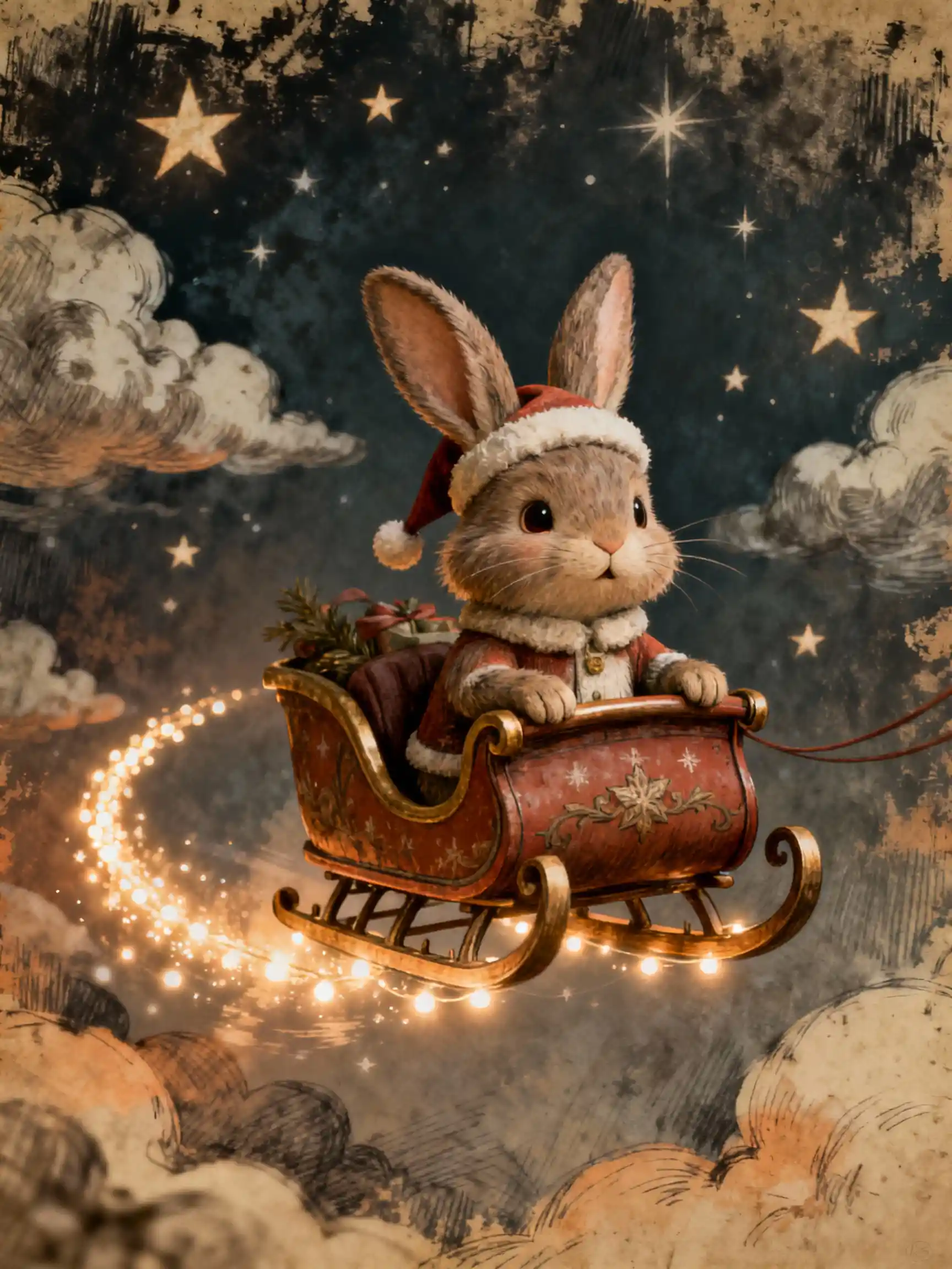 Verspieltes Weihnachtskaninchen in einem magischen Schlitten