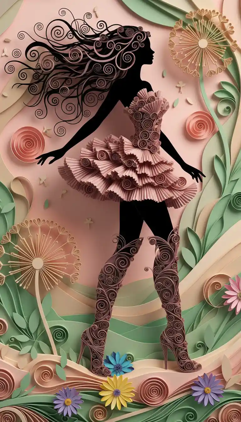 Elegante donna in paper art con capelli fluenti in movimento