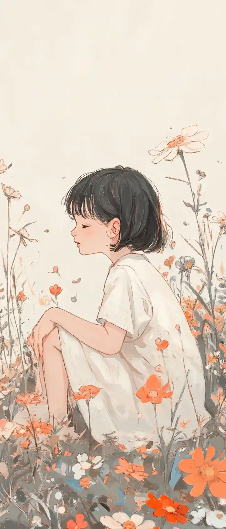 Anime child kneeling in a flower field of giggling blooms