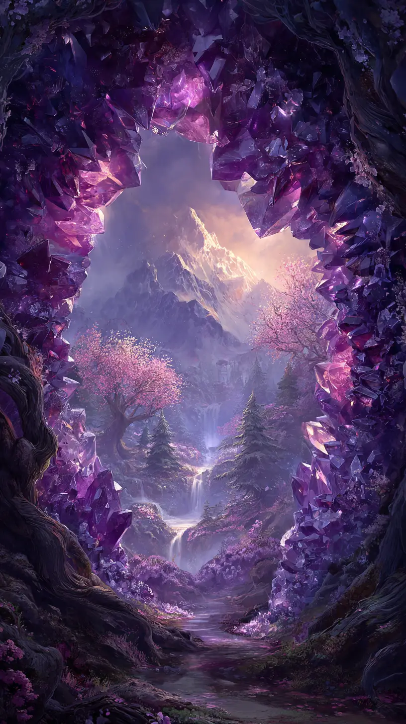 Fantasy Geode Window Onto Mountains Waterfall And Forest