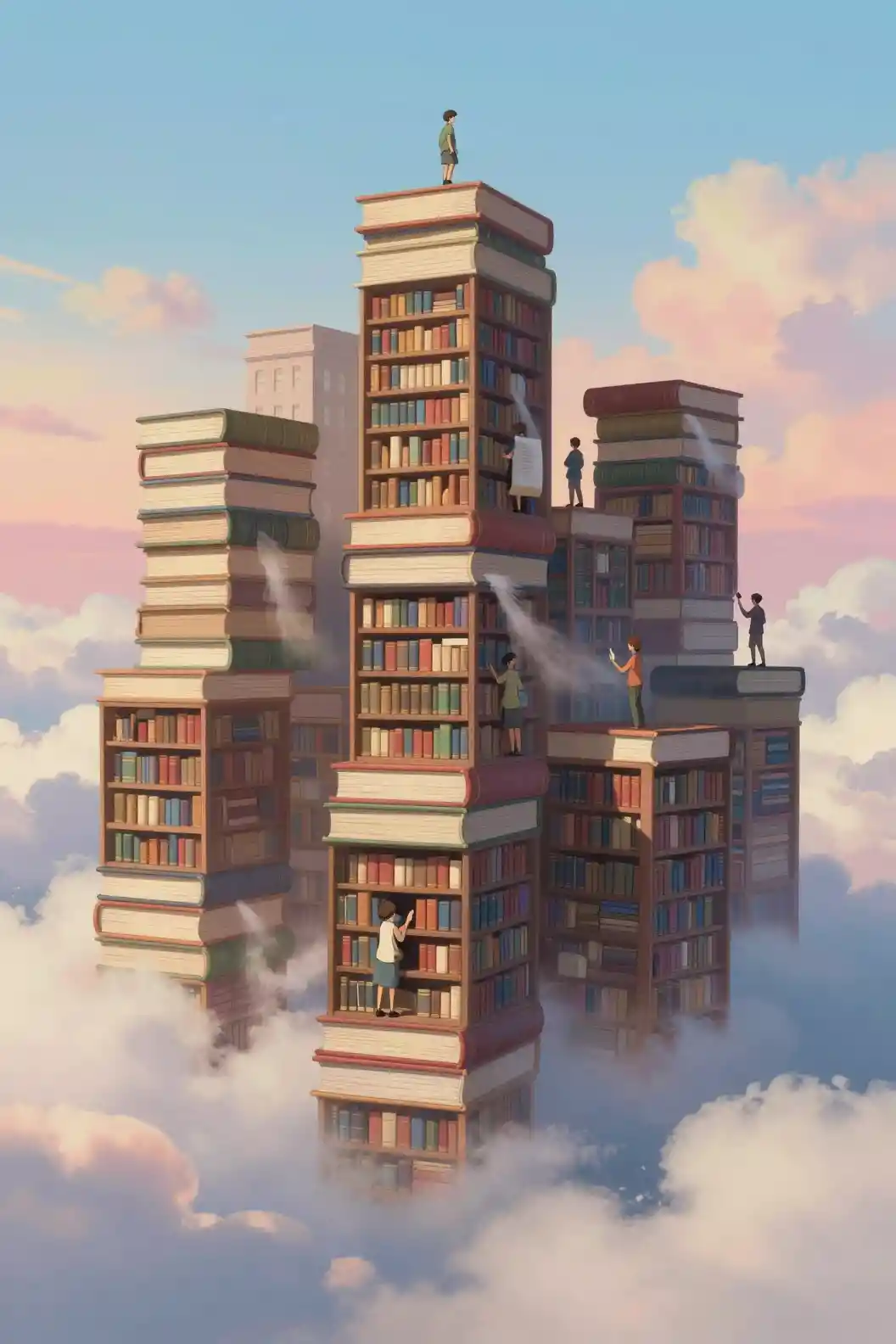 Floating book city above clouds with tiny librarians