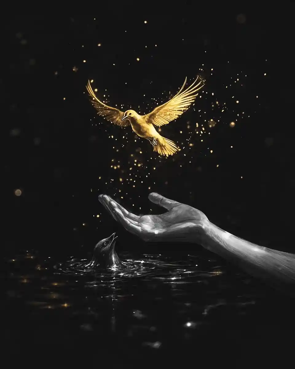 Golden bird flying through darkness with glowing light