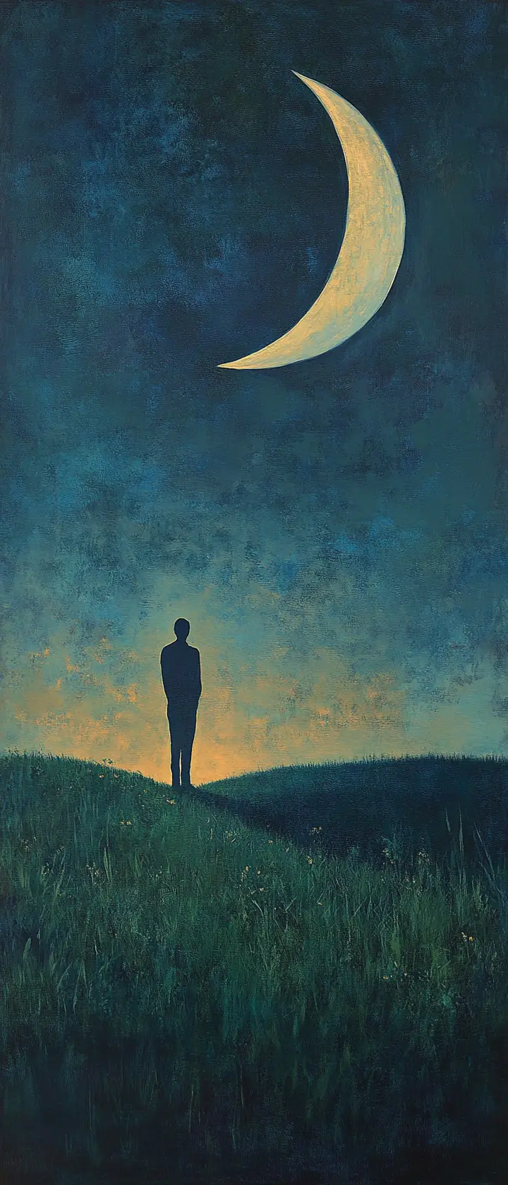 Thin glowing moon above a quiet serene landscape