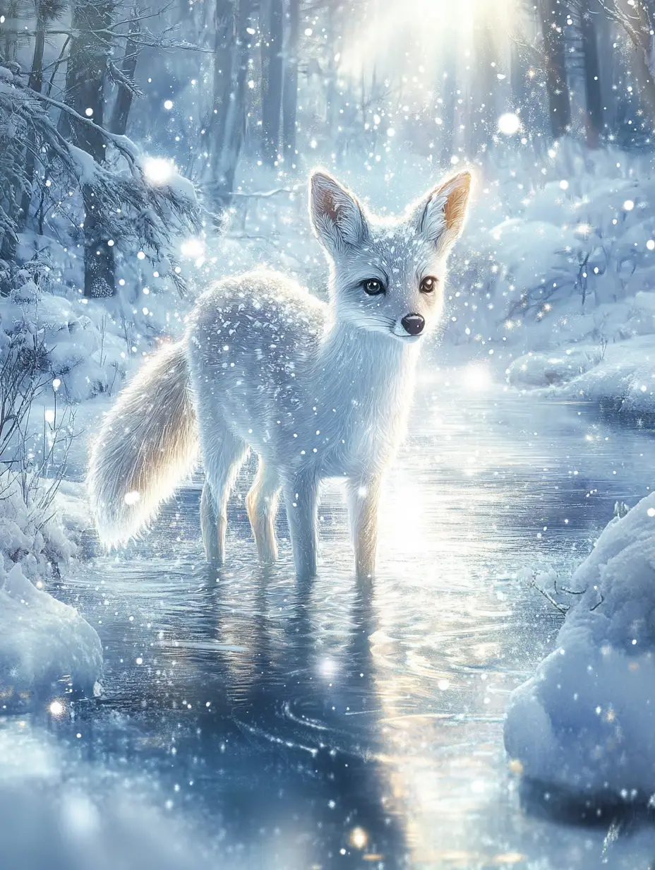 Silvery deer by a river in a snowy forest