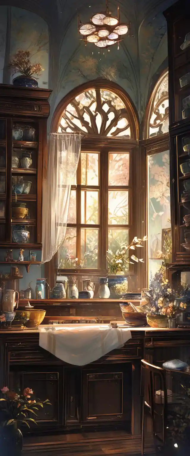 Country kitchen interior with sunlit garden window view