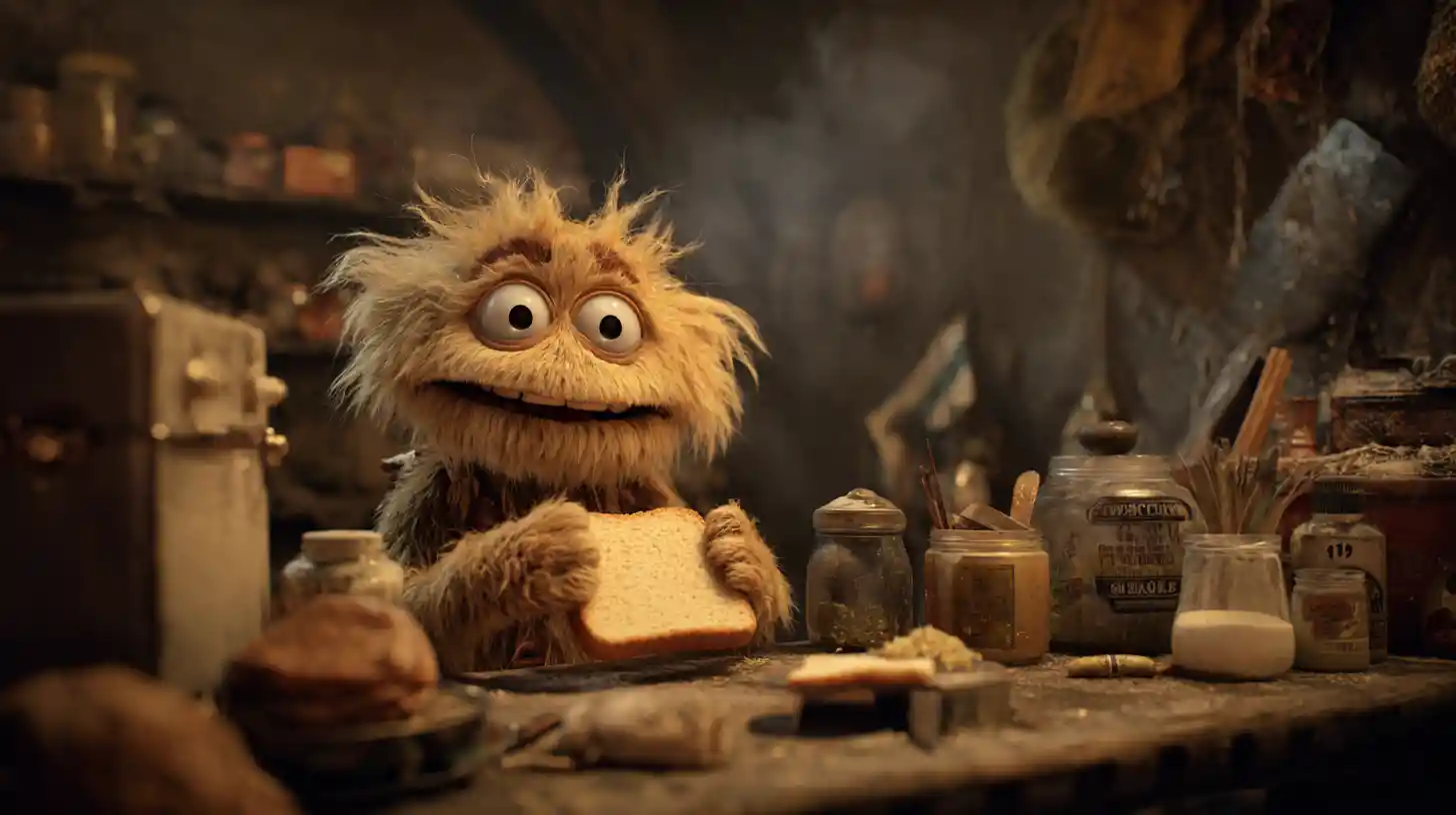 Playful furry cartoon thief stealing bread from table