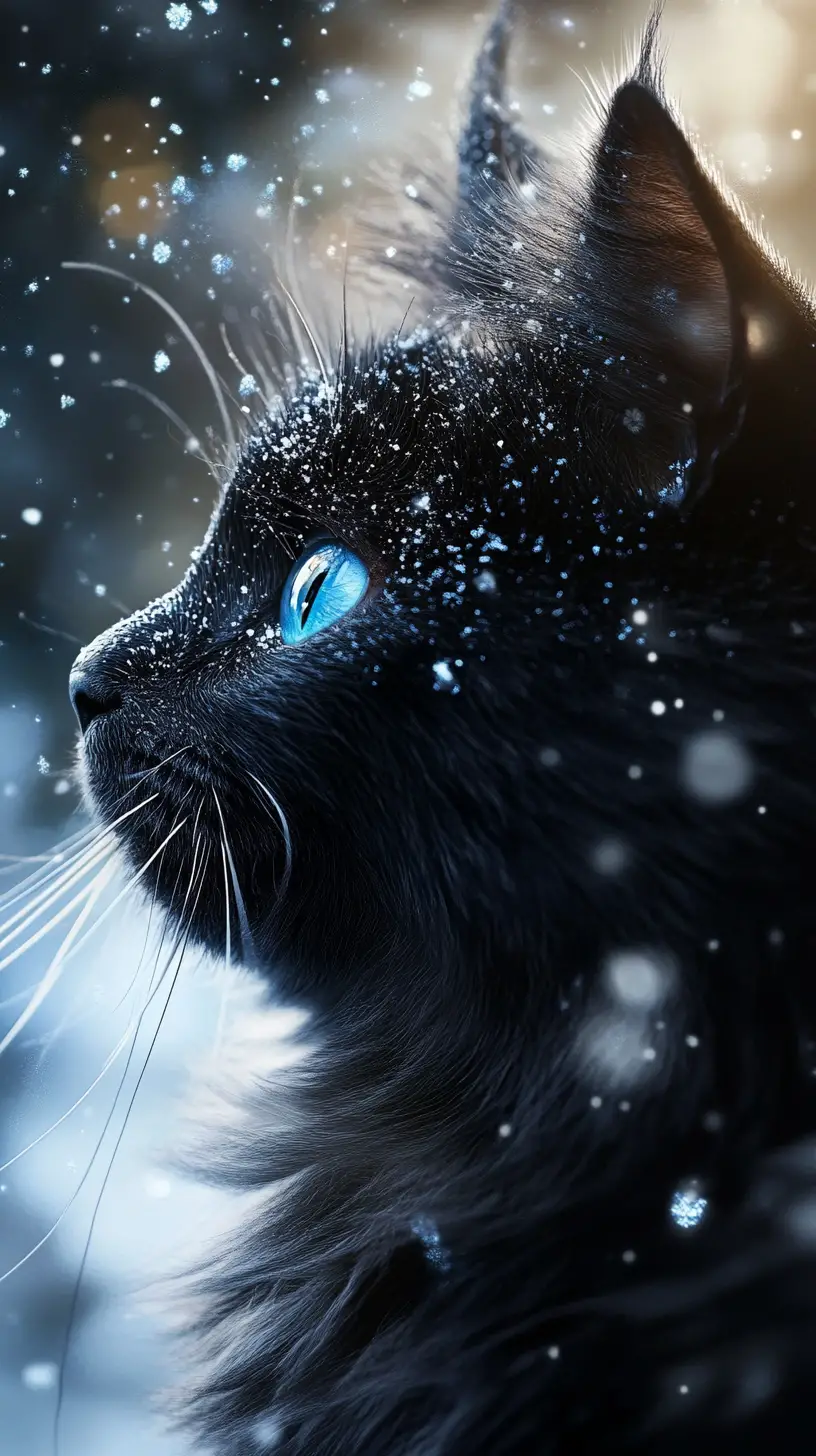 Festive magical cat in a snowy fantasy world
