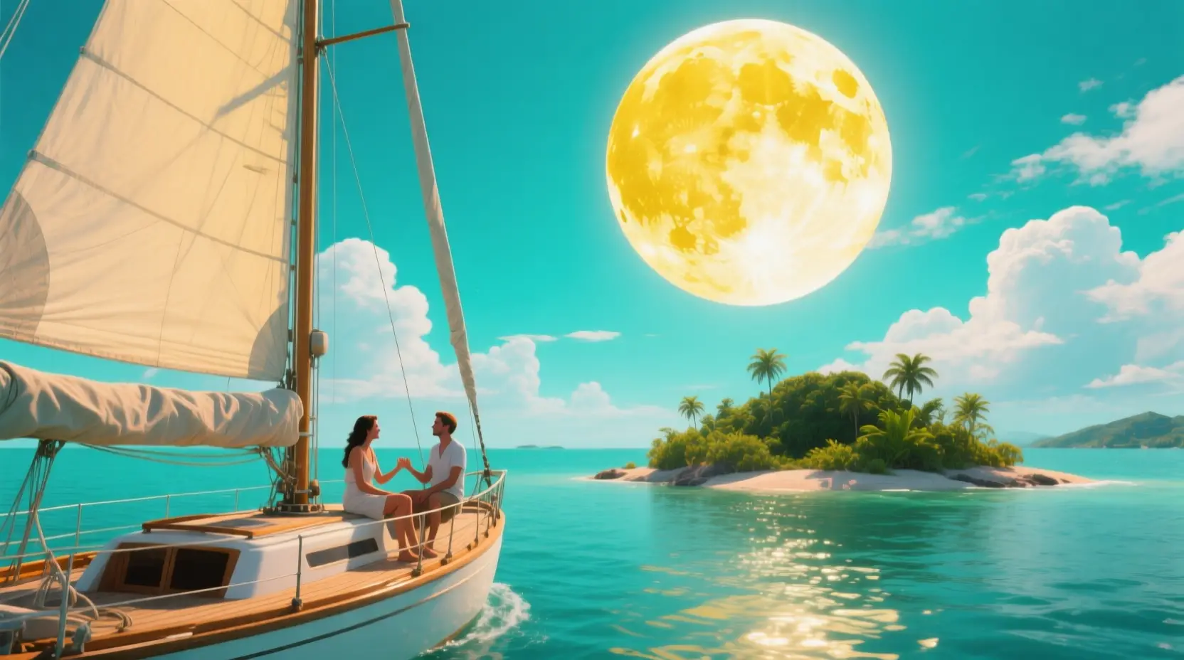 Sailboat In Serene Lagoon Under A Gigantic Moon