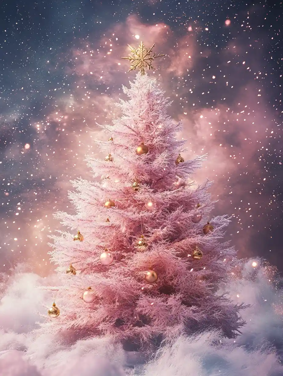 Pink Christmas tree with gold and glass snowflake ornaments