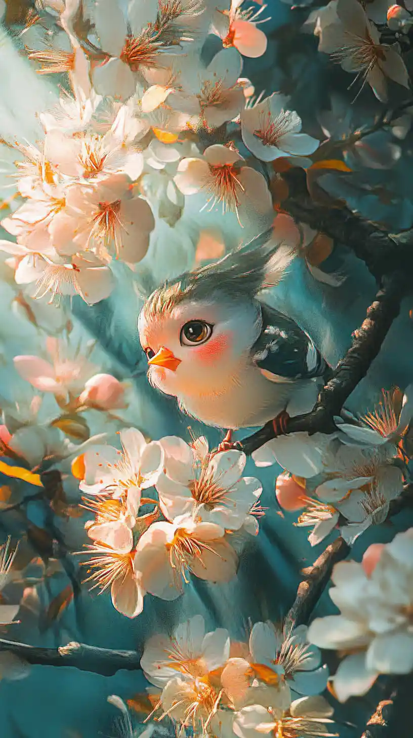 Cute cartoon bird on a flowering street in sunlight