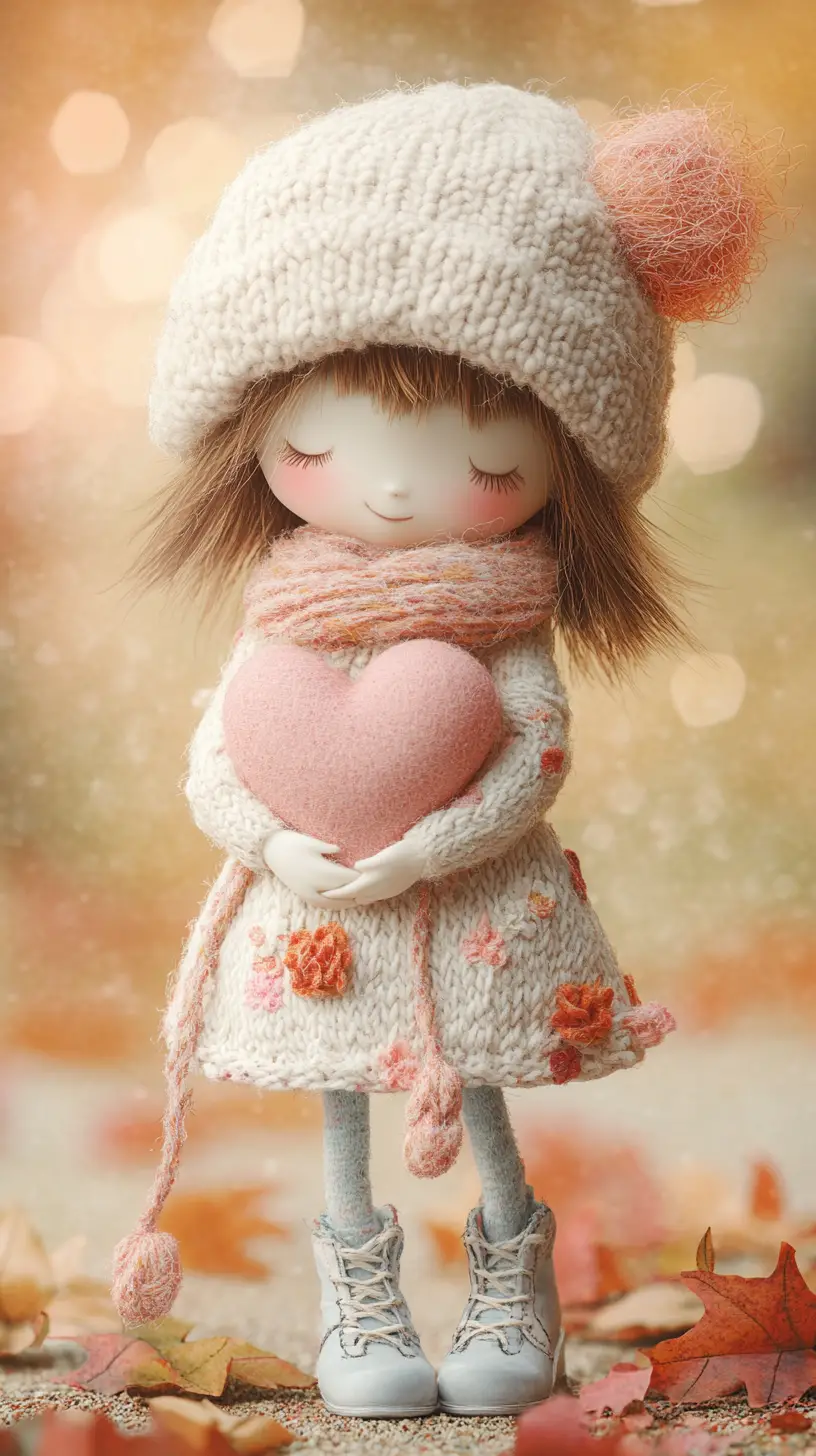 Whimsical autumn doll with knitted heart and leaves