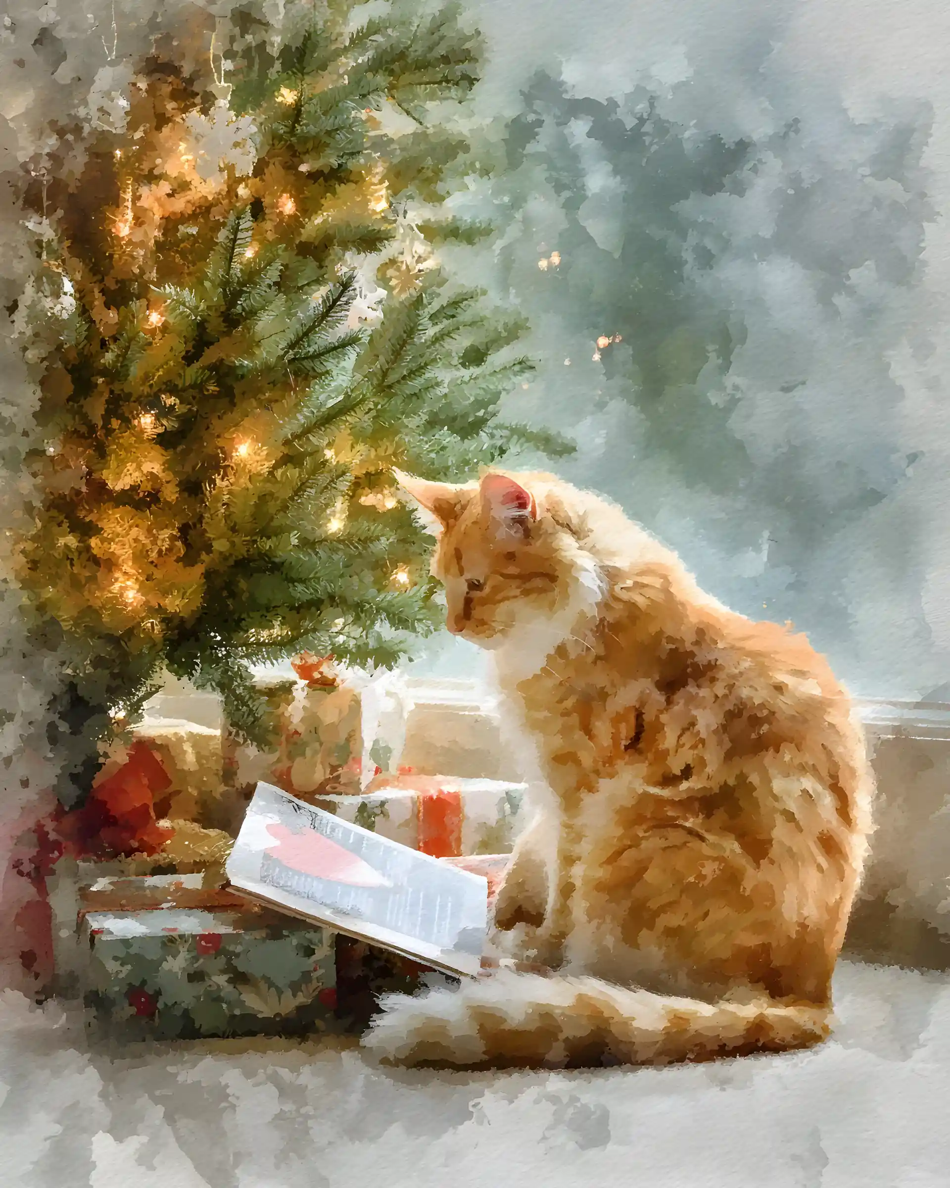Orange cat reading a romance book by a christmas tree
