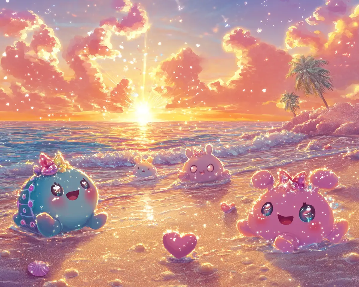 Joyful Anime Sea Turtles On A Sparkling Sunset Beach