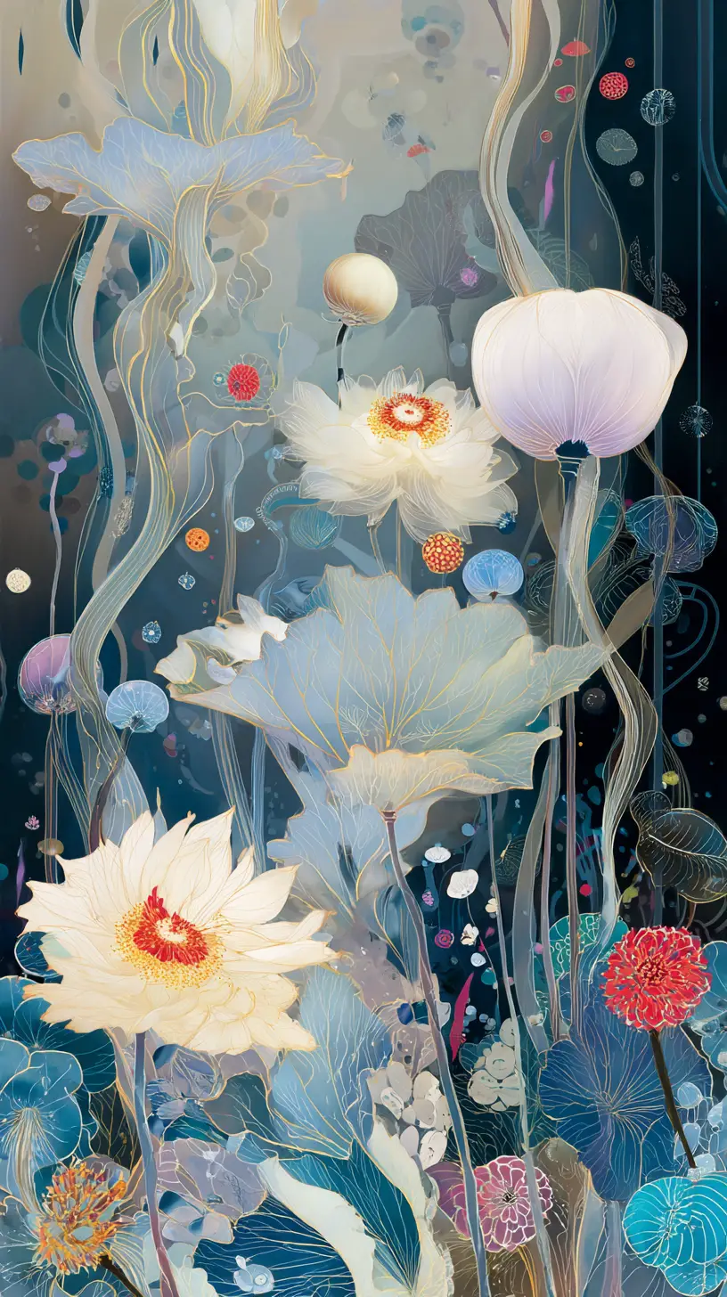 Surreal fusion of ethereal forms and vibrant pop motifs