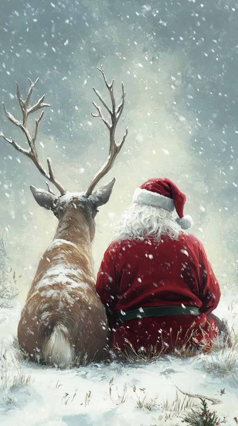Santa And Reindeer In Peaceful Snowy Winter Landscape