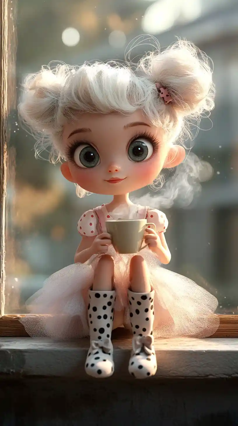 Cute 3D girl with coffee on a sunny windowsill