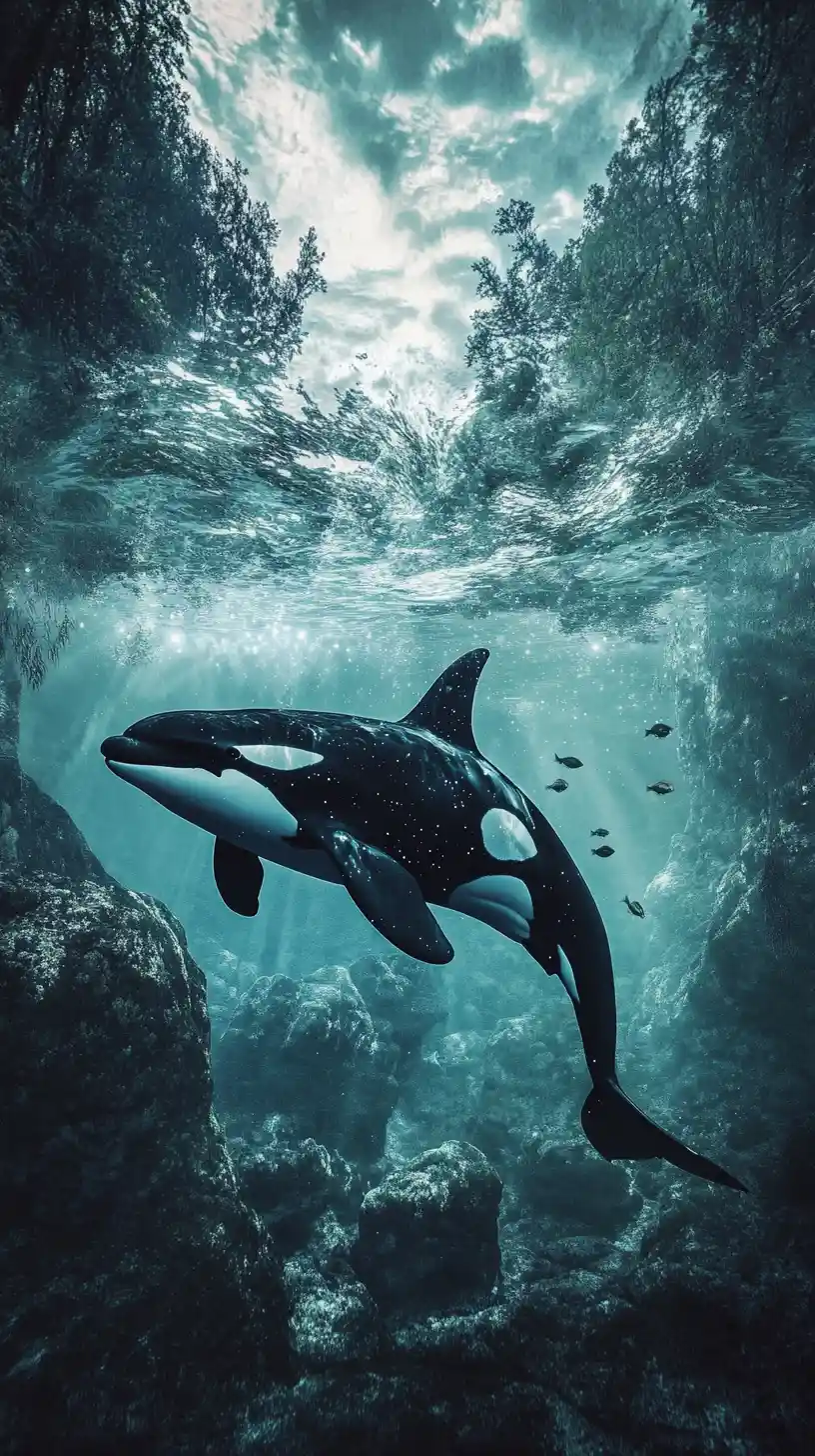 Surreal illusion of an orca in a strange abstract scene