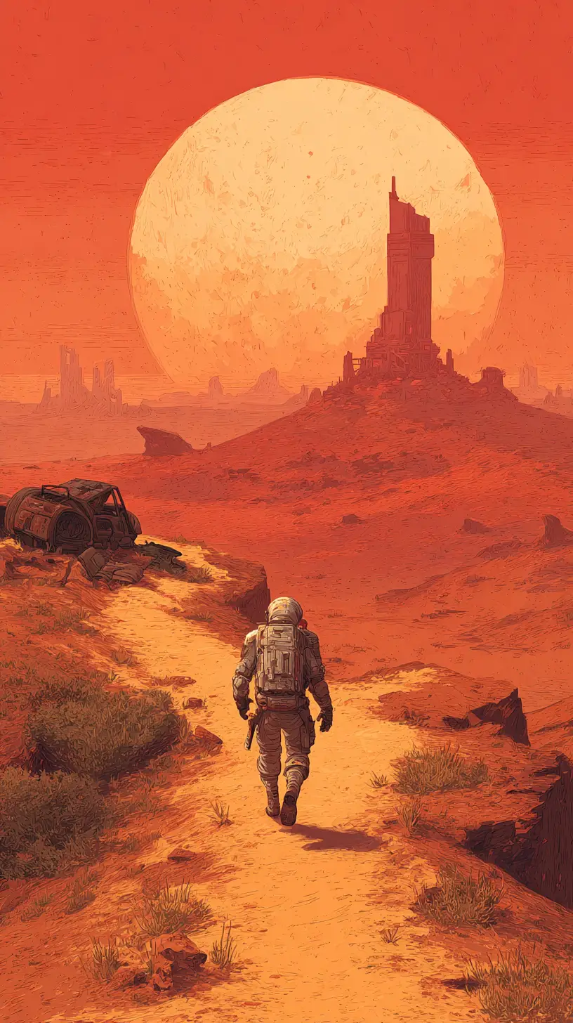 Lonely astronaut walking through a ruined desert wasteland