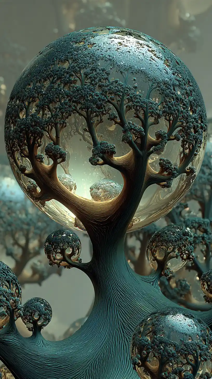Surreal biomorphic tree with reflective spheres and inner world