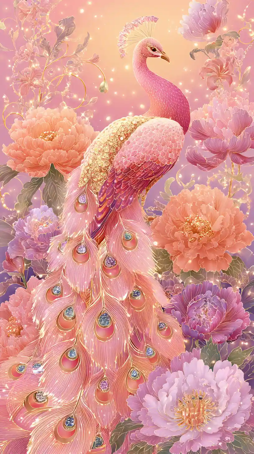 Majestic pink peacock in dreamy floral fantasy scene