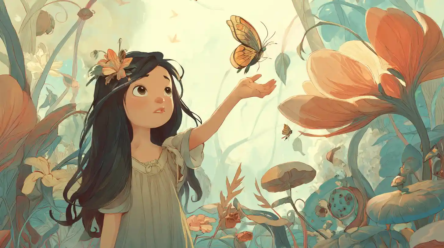 Cute girl reaching for a butterfly in flower garden
