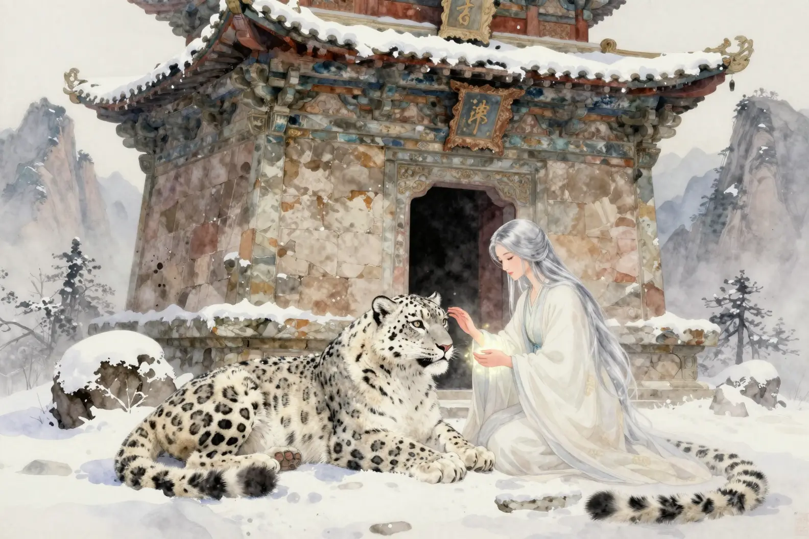 Watercolor snow leopard and goddess at ancient mountain temple