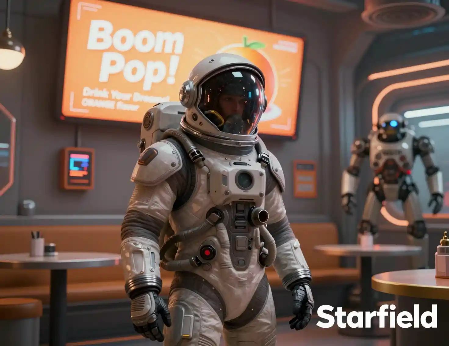 Astronaut In Neon Futuristic Cafe With Digital Ad Screen